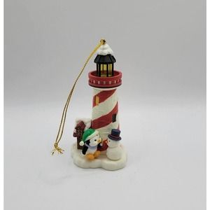 Vtg Lustre Fame Red & White Lighthouse Snowman Penguin Christmas Tree Ornament